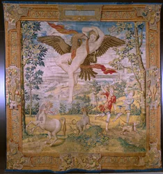 Arazzo fiammingo. Serie Favola di Ovidio: Il rapimento di Ganimede. Atelier Willem de Pannemaker, Bruxelles. Prima del 1556