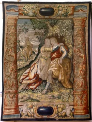 Arazzo fiammingo. Serie Galanteria. Coppia con musicista. Manifattura Bruxelles, inizio XVII secolo. Tessuto Seta e lana, 5/6 orditi per cm. Dimensioni 348 x 263 cm. Chiesa di San Millán de la Cogolla, Oncala (Soria).