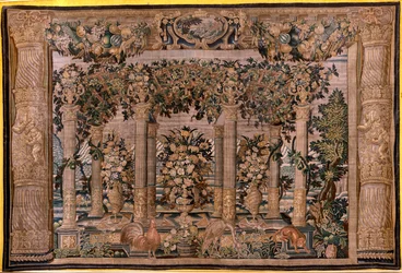 Arazzo fiammingo. Serie Gallerie con animali o Gallerie di pergolati. Secondo della serie. Seta e lana. XVII secolo.
