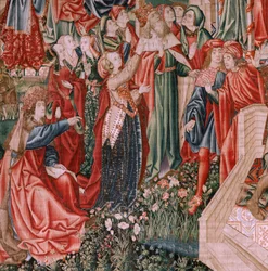 Serie Redenzione Umana o Vizi e Virtù. Cristo Salvatore come Bambino. Quinto arazzo della serie (secondo di quelli conservati a Palencia). Manifattura di Bruxelles, laboratorio. Ca 1510