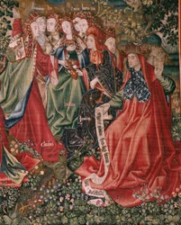 Arazzo fiammingo. Serie Redenzione Umana o Vizi e Virtù. Le Virtù sfidano i Vizi quando Cristo inizia il suo ministero. Sesto arazzo della serie (terzo di quelli conservati a Palencia).