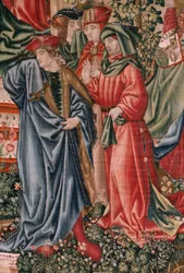 Arazzo fiammingo. Serie Redenzione Umana o Vizi e Virtù. Le Virtù sfidano i Vizi quando Cristo inizia il suo ministero. Sesto arazzo della serie (terzo di quelli conservati a P