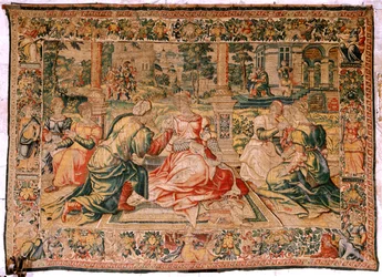 Arazzo fiammingo. Serie Marco Antonio e Cleopatra. Cleopatra e la sua corte. Modello Cartone attribuito a Pieter Coecke van Aelst. Manifattura Bruxelles(?). Seconda metà del XVI secolo. Seta e lana. 310 x 435 cm.