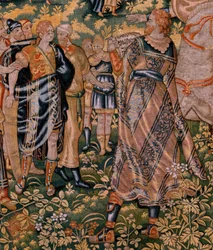 Arazzo fiammingo. Serie Storia di Ciro. N. II Astiage riconosce Ciro. Anonimo, basato su Michiel Coxcie. Atelier Anversa. Ca 1590.