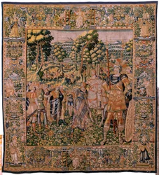 Arazzo fiammingo. Serie Storia di Ciro. Astiage riconosce Ciro. Anonimo, basato su Michiel Coxcie. Atelier Anversa. Seta e lana. Ca 1590.