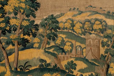 Arazzo fiammingo. Serie Storia di Ciro. No VI Tomiri ordina di immergere la testa di Ciro in un recipiente di sangue. Anonimo, basato su Michiel Coxcie. Atelier Anversa. Seta e lana.