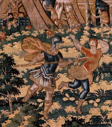 Arazzo fiammingo. Serie Storia di Ciro. N. V Combattimento tra due guerrieri e morte di Ciro. Anonimo, basato su Michiel Coxcie. Atelier Anversa. Ca 1590.