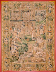 Arazzo fiammingo. Serie Il Libro di Giuditta. Giuditta mostra la testa di Oloferne. Nono arazzo della serie. Manifattura Paesi Bassi, Bruxelles(?). Seconda metà del XVI secolo. Lana. Chiesa di San