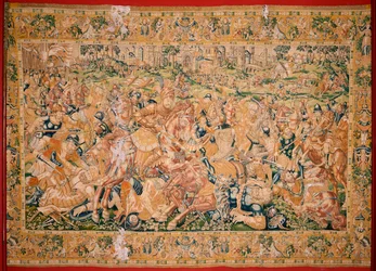 Arazzo fiammingo. Serie Il libro di Giuditta. Scena di guerra. Terzo arazzo della serie. Manifattura Paesi Bassi, Bruxelles? Seconda metà del XVI secolo.
