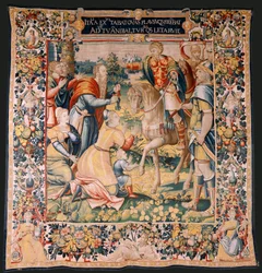 Arazzo fiammingo. Serie La Storia di Annibale. Annibale in Italia. Terzo arazzo di quelli conservati. Modelli maestro anonimo dei Paesi Bassi. Manifattura di Bruxelles, officina. Ca 1570.