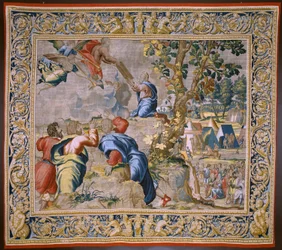 Arazzo fiammingo. Serie La storia di Mosè. Mosè al monte Sinai. Atelier Joost van Herzele. Ca 1550.