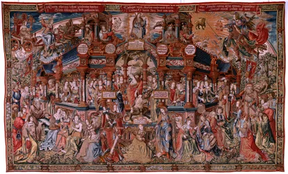 Arazzo fiammingo. Serie Gli onori. Virtù. Ottavo arazzo della serie. Modello Cartonisti del circolo di Bernard van Orley e Jan Gossaert (Mabuse). Manifattura Pieter van Aelst, Bruxelles. Ca 1550.