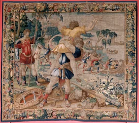 Arazzo fiammingo. Serie Le Fatiche di Ercole. Ercole e Anteo. Quarto arazzo della serie esistente. Modello Sconosciuto. Manifattura Willem Dermoyen, Bruxelles. Ca 1528. Seta e lana. 362 x 403 cm. Palazzo Reale