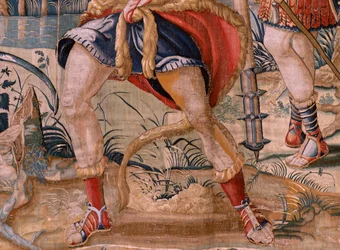 Arazzo fiammingo. Serie Le Fatiche di Ercole. Ercole e gli uccelli del lago Stinfalo. Primo arazzo della serie esistente. Modello Sconosciuto. Manifattura Willem Dermoyen, Bruxelles. Ca 1528.