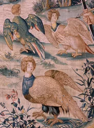 Serie Le Fatiche di Ercole. Ercole e gli uccelli del lago Stinfalo. Primo arazzo della serie esistente. Modello sconosciuto. Manifattura Willem Dermoyen, Bruxelles. Ca 1528.