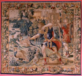 Serie Le Fatiche di Ercole. Ercole e gli uccelli Stinfalici. Primo arazzo della serie esistente. Manifattura Willem Dermoyen, Bruxelles. Ca 1528.