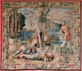 Arazzo fiammingo. Serie Le Fatiche di Ercole. Ercole combatte il Minotauro. Secondo arazzo della serie esistente. Modello Sconosciuto. Manifattura Willem Dermoyen, Bruxelles. Ca 1528.