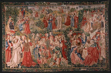 Serie La parabola dei lavoratori nella vigna. La chiamata dei lavoratori. Primo arazzo della serie. Manifattura Bruxelles, laboratori di Pieter van Aelst (?). Ca 1500.