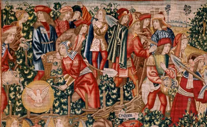 Serie La parabola dei lavoratori nella vigna. Il pagamento del denario. Secondo arazzo della serie. Manifattura Bruxelles, laboratori di Pieter van Aelst (?). Ca 1500.