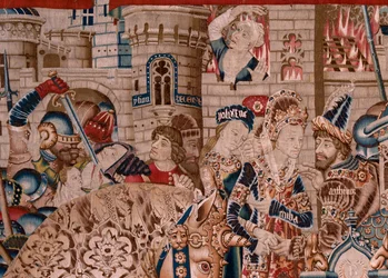 Arazzo fiammingo. Serie La guerra di Troia. La distruzione di Troia. Undicesimo arazzo della serie. Modello Maestro di Coëtivy (Henry o Conrard de Vulcop). Manifattura laboratori di Tournai. Ca 1470. Tessuto Lana e seta, 6/7 trame per cm