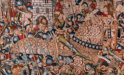 Arazzo fiammingo. Serie La Guerra di Troia. La Distruzione di Troia. Undicesimo arazzo della serie. Modello Maestro di Coëtivy (Henry o Conrard de Vulcop). Manifattura laboratori di Tournai. Ca 1470
