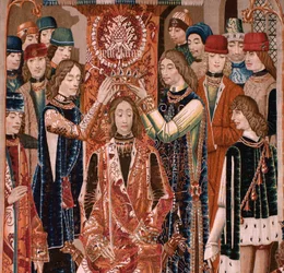 Arazzo fiammingo. Serie sconosciuta. Storia romana? Tarquinio Prisco (Tarquino Prisco). Realizzato nelle botteghe di Bruxelles? Ca. 1475. Tessuto di lana e seta, 6 fili d