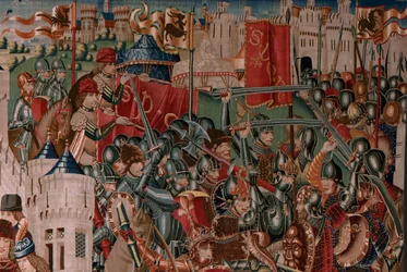 Arazzo fiammingo. Serie Sconosciuta. Storia romana? Tarquinio Prisco. Manifattura laboratori di Bruxelles?. Ca 1475. Tessuto Lana e seta, 6 trame per cm. Origine Donazione del conte Alba de Aliste, arrivato alla cattedrale nel 1608