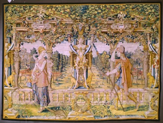 Arazzo fiammingo. Serie Vertumno e Pomona: Vertumno trasformato in contadino. Atelier Willem de Pannemaker. Ca 1545-1550.