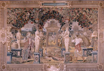 Arazzo fiammingo. Serie Vertumno e Pomona. Vertumno trasformato in mietitore. Primo arazzo della serie. Modello Circolo di Pieter Coeck van Aelst. Manifattura Wilhelm Pannemaker, Bruxelles. Ca 1545-1550.