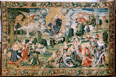 Arazzo fiammingo. Serie la Grandine. Ad te clamamus. Secondo arazzo della serie. Manifattura laboratori di Bruxelles, possibile manifattura di Marc Crétif. Ca 1528. Dimensioni 429 x 646 cm. Tessuto Seta e lana. Cattedrale di Palencia.