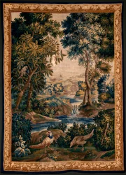 Arazzo fiammingo. Cosiddetto Verdure (Paesaggio con acqua, alberi e fagiani). Atelier di Oudenaarde. 277x200cm. Inv 00012. XVII secolo.