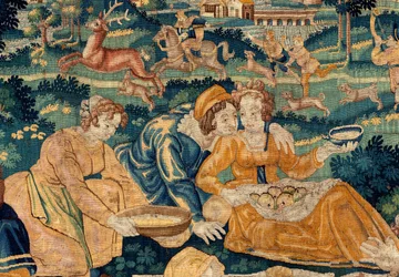 Arazzo fiammingo. Il pasto campestre. Atelier di Oudenaarde. XVII secolo