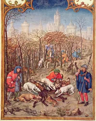 Fol.12v Il mese di dicembre: Caccia al cinghiale, dal Breviarium Grimani, c.1515