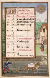 Ms 1058-1975 f10r Aratura con due cavalli, pagina del calendario illuminata per ottobre, da un libro d
