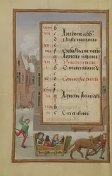 Ms 1058-1975 f1v Scena di strada nella neve, pagina del calendario illuminata per gennaio, da un libro d