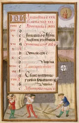 Ms 1058-1975 f8r Trebbiatura del grano nel fienile, pagina del calendario illuminata per agosto, da un libro d