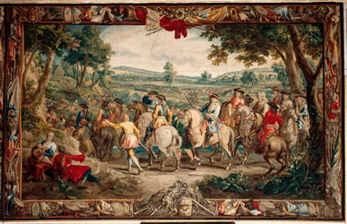 Palazzo. Arazzo fiammingo. Atelier di Bruxelles Judocus De Vos. Design Lambert De Hondt. La marcia. 400x640cm. Lana e seta. Ca 1715 - 1724.