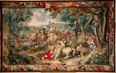 Palazzo (Schlossanlage Schleißheim). Arazzo fiammingo. Atelier di Bruxelles Judocus De Vos. Design Lambert De Hondt. Imboscata. Ca 1715 - 1724.
