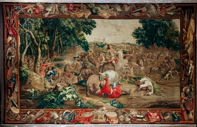 Palazzo (Schlossanlage Schleißheim). Arazzo fiammingo. Atelier di Bruxelles Judocus De Vos. Design Lambert De Hondt. Imboscata. Lana e seta. Ca 1715 - 1724.
