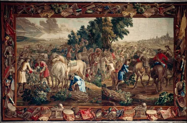 Palazzo (Schlossanlage Schleißheim). Arazzo fiammingo. Atelier di Bruxelles Judocus De Vos. Design Lambert De Hondt. Lana e seta. Ca 1715 - 1724