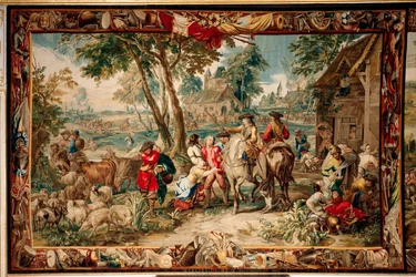 Palazzo (Schlossanlage Schleißheim). Arazzo fiammingo. Atelier di Bruxelles Judocus De Vos. Design Lambert De Hondt. Saccheggio. 400x595cm. Lana e seta. Ca 1715 - 1724