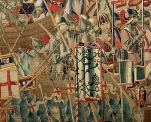 Museo Parrocchiale di Arazzi di Pastrana. Arazzo fiammingo. Lo sbarco ad Arzila. Serie Conquiste del re Alfonso I del Portogallo. Tournai. Lana