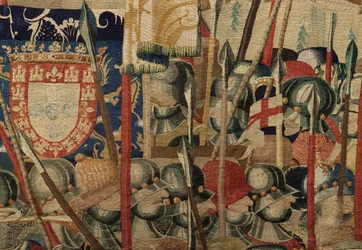 Museo parrocchiale di arazzi di Pastrana. Arazzo fiammingo. Lo sbarco ad Arcila. Serie Conquiste del re Alfonso I del Portogallo. Tournai