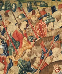 Museo Parrocchiale di Arazzi di Pastrana. Arazzo fiammingo. Conquista di Tangeri. Serie Conquiste del re Alfonso I del Portogallo. Tournai. Dettaglio. Lana