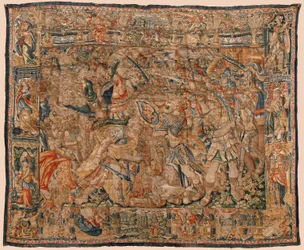 Museo parrocchiale di arazzi (Museo Parroquial de Tapices de Pastrana). Arazzo fiammingo. Combattimento tra Alessandro e Dario a Ipso. Bruxelles. Lana e seta. XVI secolo. 510x419cm.