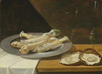 Zampetti di maiale su un piatto di peltro con ostriche e bicchieri di vino su un tavolo drappeggiato, c.1630