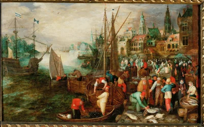 Porto e mercato di Anversa (olio su legno di quercia)