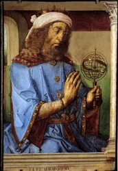 Ritratto di Tolomeo (Claudio Tolomeo, ca. 90-168), astronomo greco. Pittura di Pedro Berruguete (ca. 1450-prima del 1504) e Just Of Ghent (1435-1480) Ec. Flam