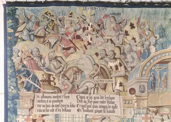 Scene della vita di San Remigio (d.553) dettaglio di Clodoveo I (465-511) alla battaglia di Tolbiac contro gli Alemanni nel 496 d.C.