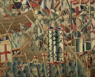 Arazzo che mostra le Conquiste del re Alfonso V del Portogallo (Conquistas de Alfonso V de Portugal), Tournai. Dettaglio. (Lana e seta)